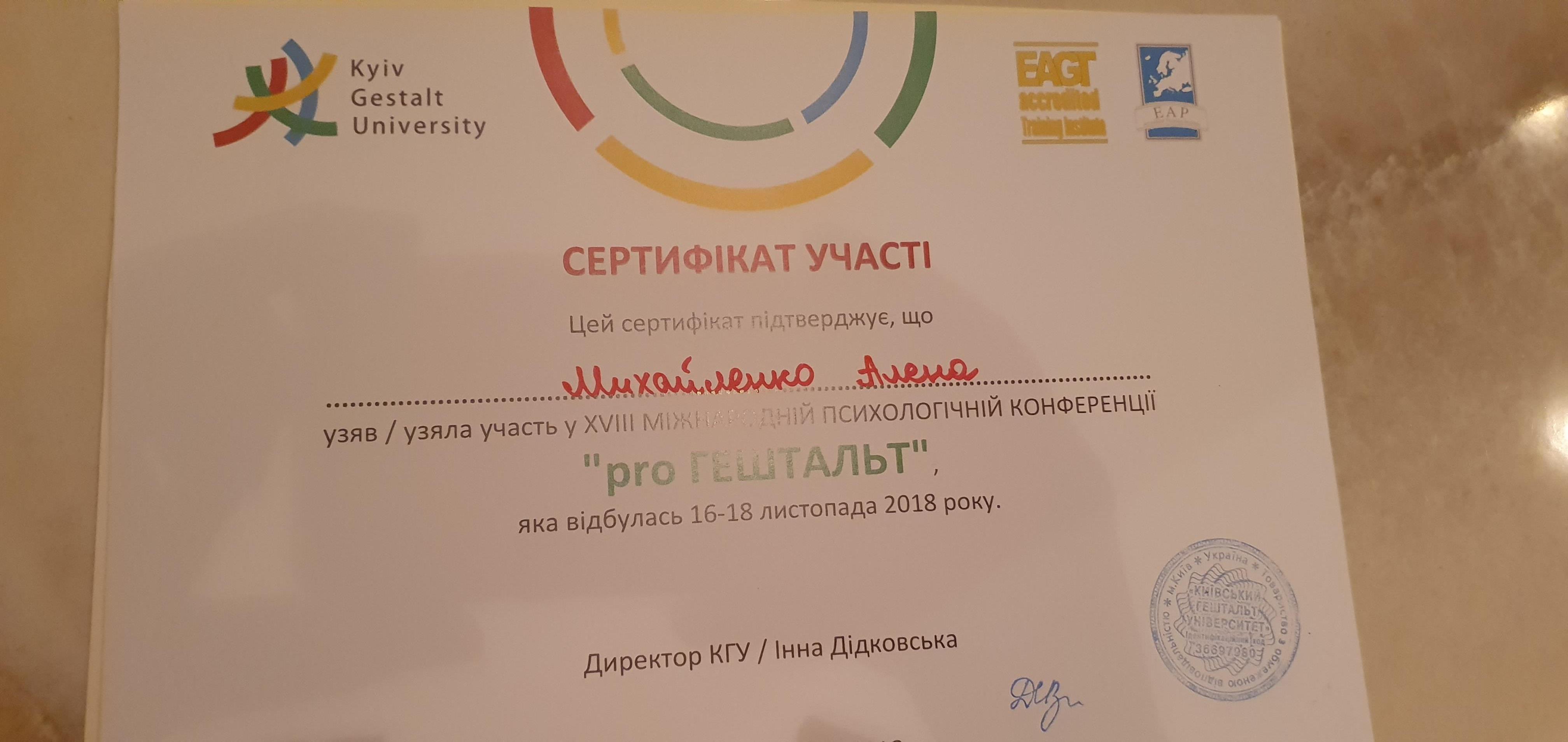 Сертифікат 1 Олена Ми...