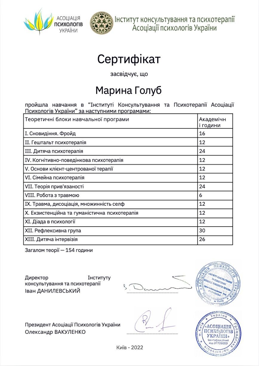 Інститут консультування та психотерапії Асоціації психологів України, навчання в "Інституті Консультування та Психотерапії Асоціації Психологів України" за наступними програмами
