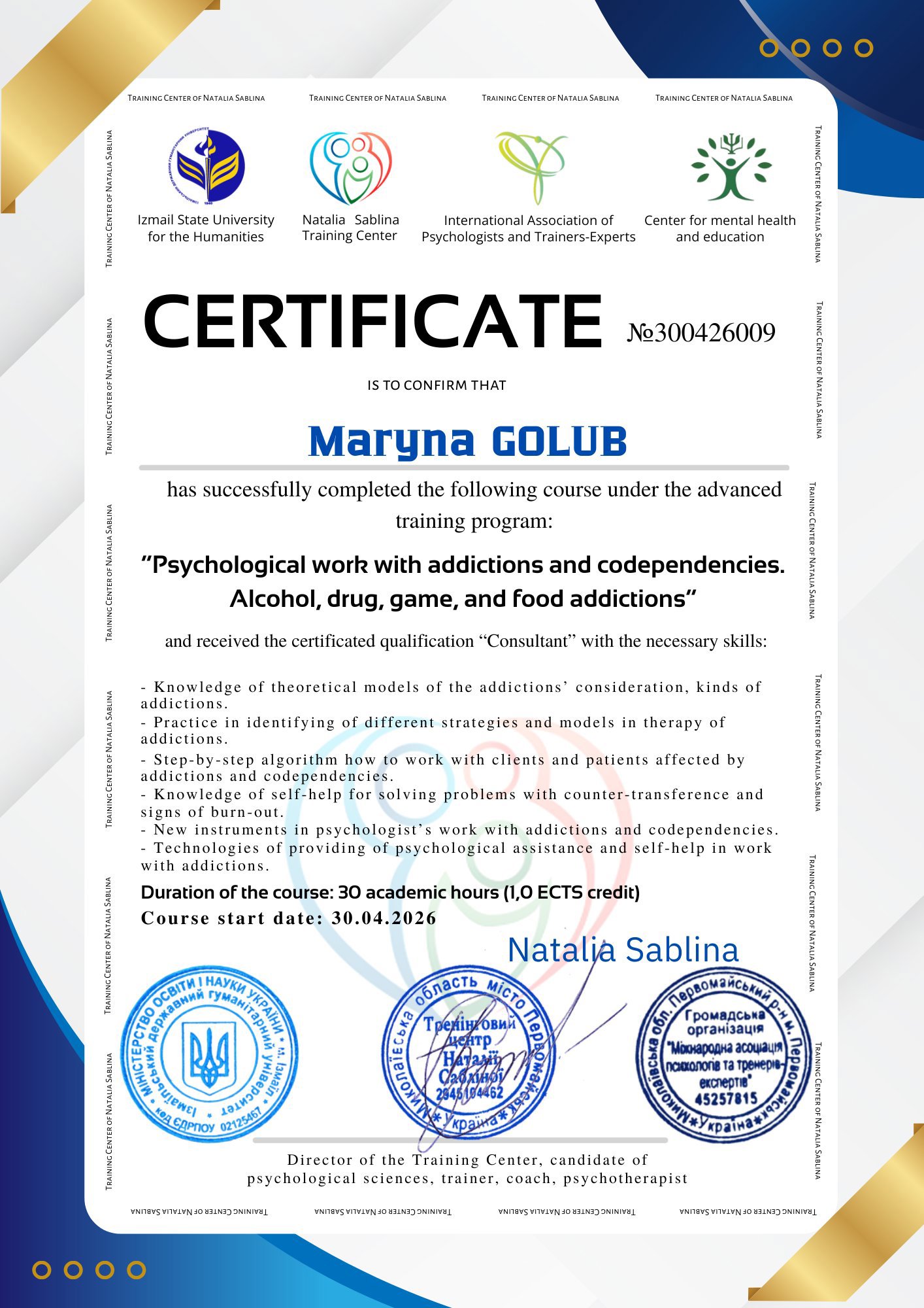 Training Center of Natalia Sablina, Psychological work with addictions and codependencies. Alcohol, drug, game, and food addictions