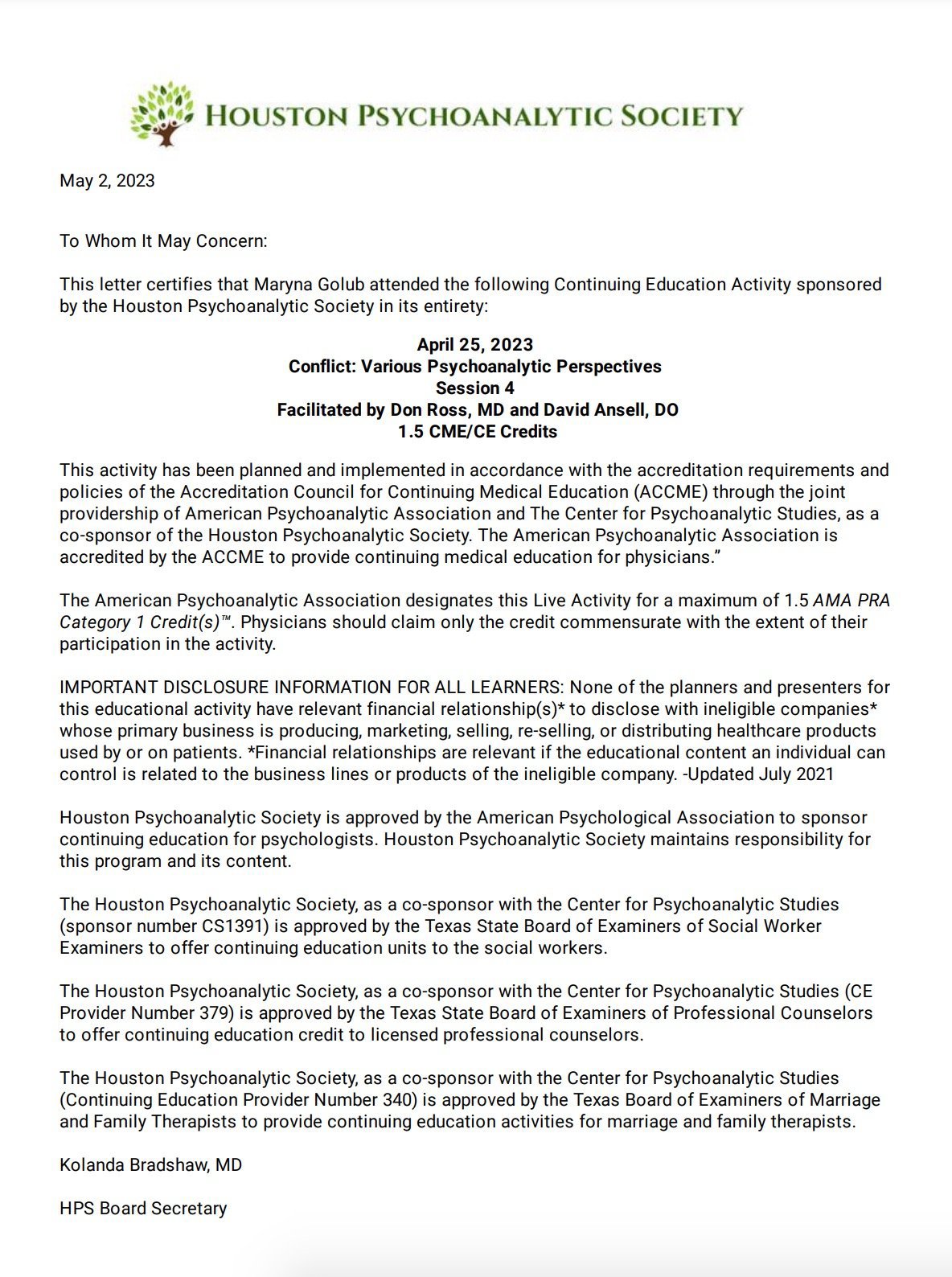 Houston Psychoanalytic Society, Conflict: Various Psychoanalytic Perspectives, Session 4