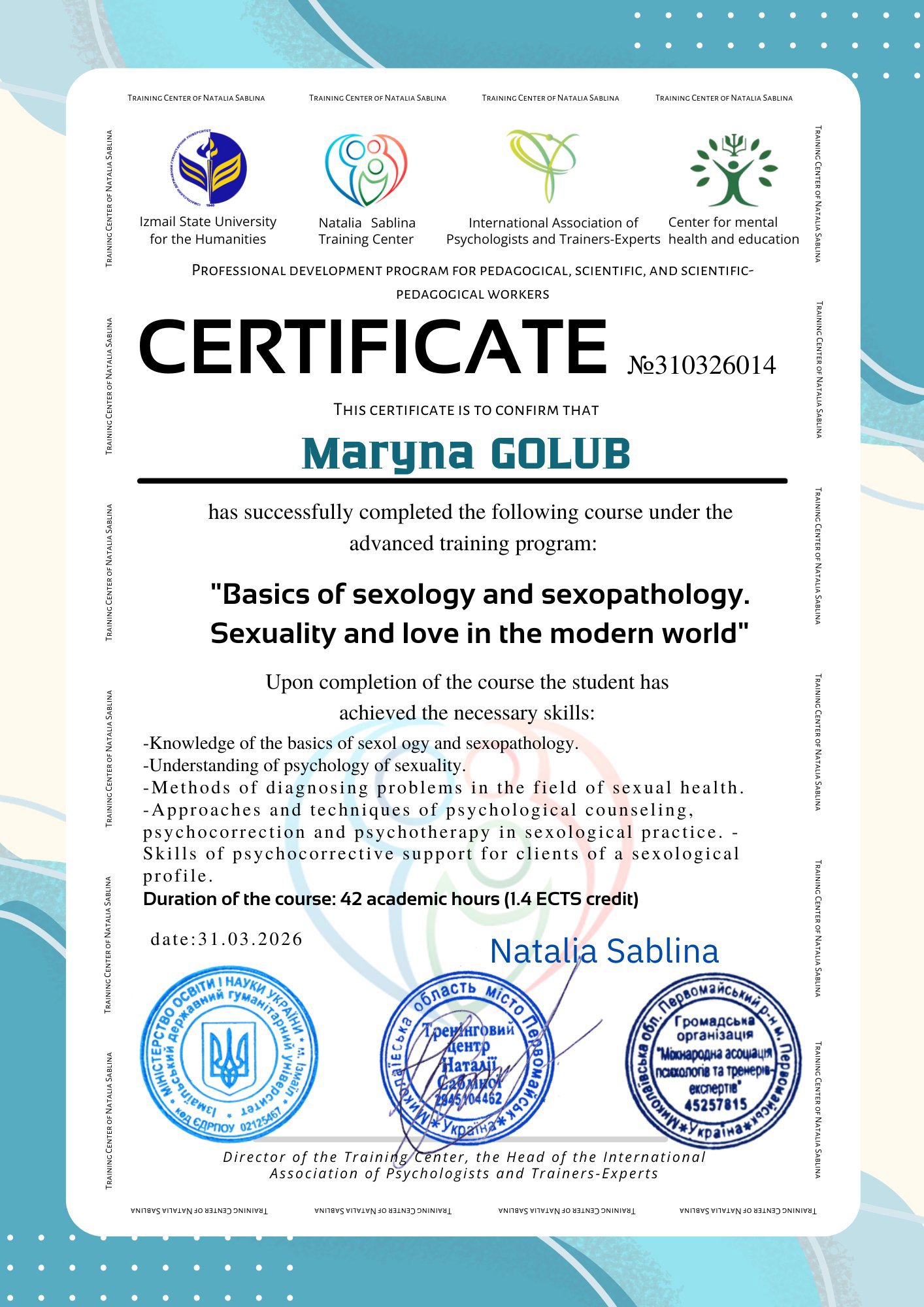 Training Center of Natalia Sablina, Basics of sexology and sexopathology. Sexuality and love in the modern world