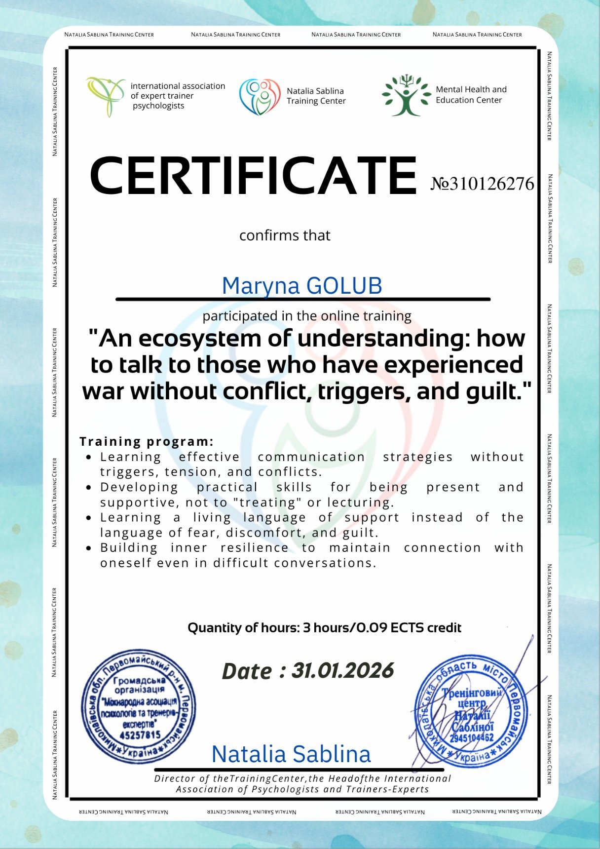 Natalia Sablina Training Center, An ecosystem of understanding: how to talk to those who have experienced war without conflict, triggers, and guilt.