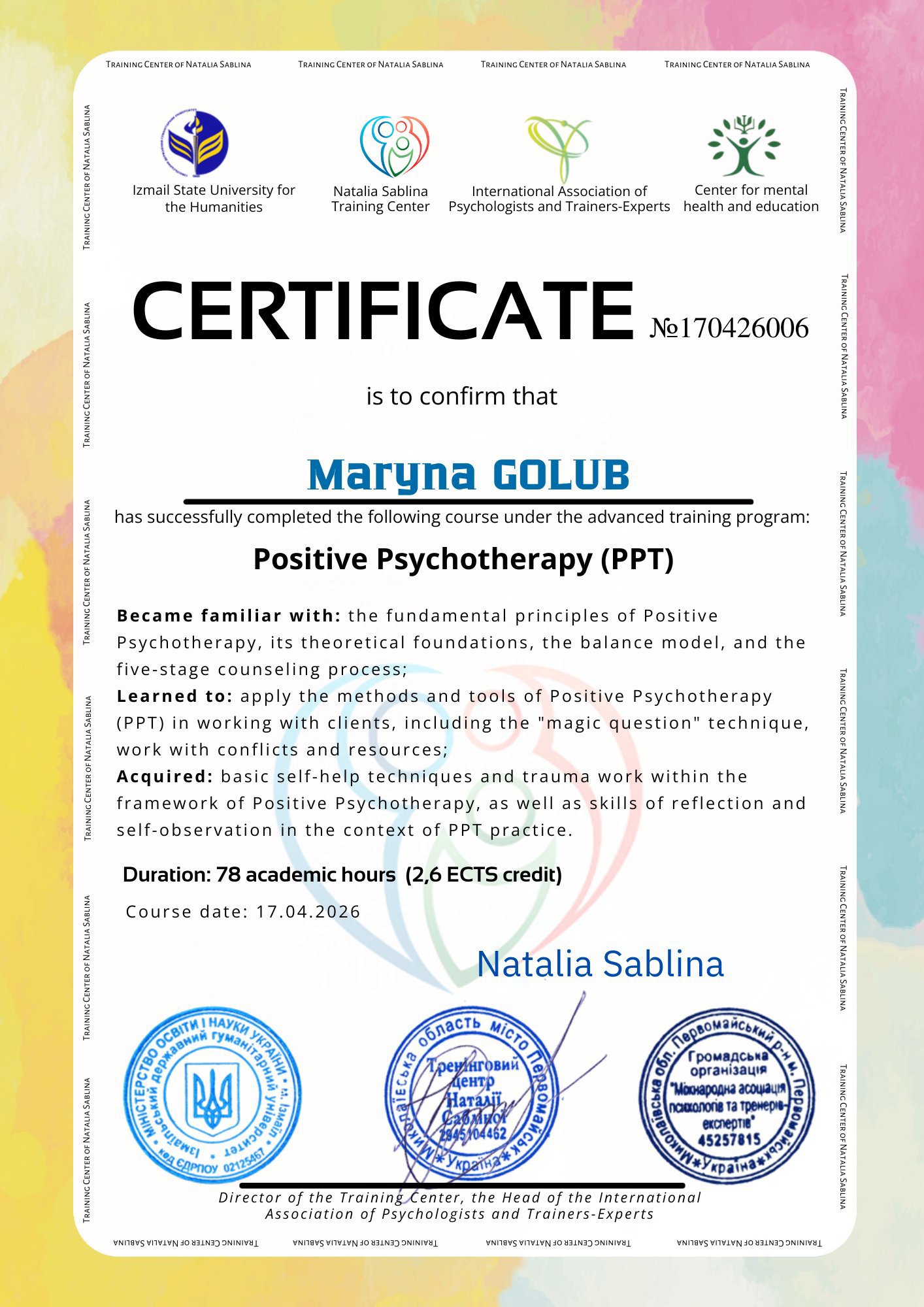 Training Center of Natalia Sablina, Positive Psychotherapy (PPT)