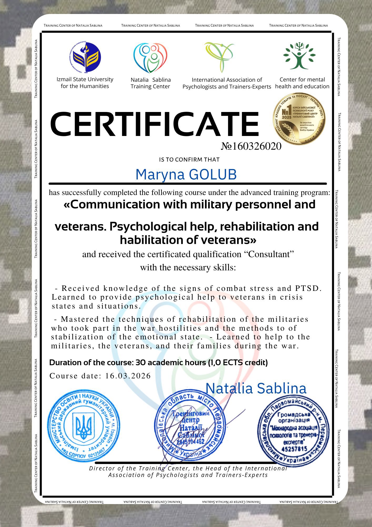 Training Center of Natalia Sablina, Communication with military personnel and veterans. Psychological help, rehabilitation and habilitation of veterans