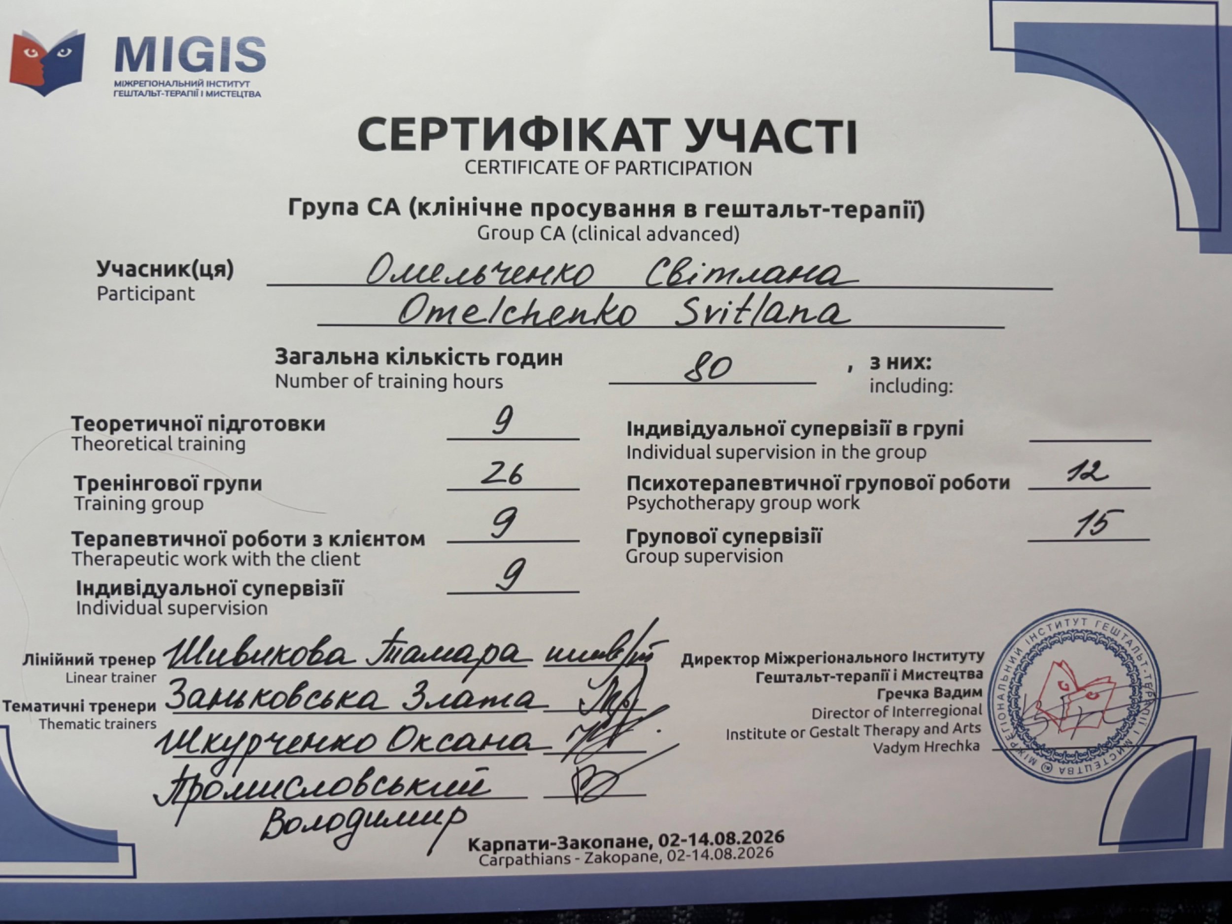 Міжрегіональний інститут гештальт-терапії і мистецтва, Група СА (клінічне просування в гештальт-терапії)