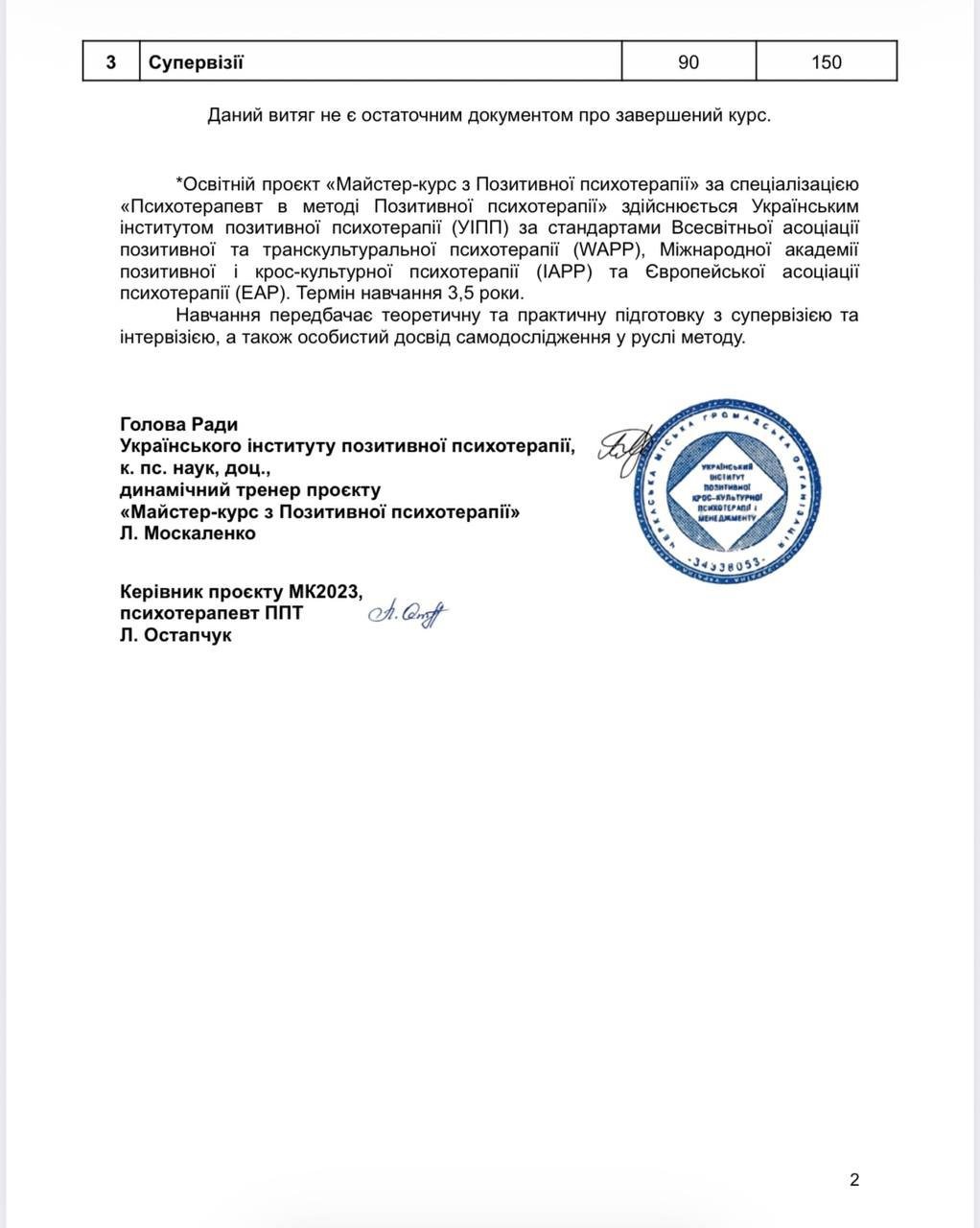 Український інститут позитивної психотерапії (УІПП), Майстер-курс з Позитивної психотерапії за спеціалізацією Психотерапевт в методі Позитивної психотерапії