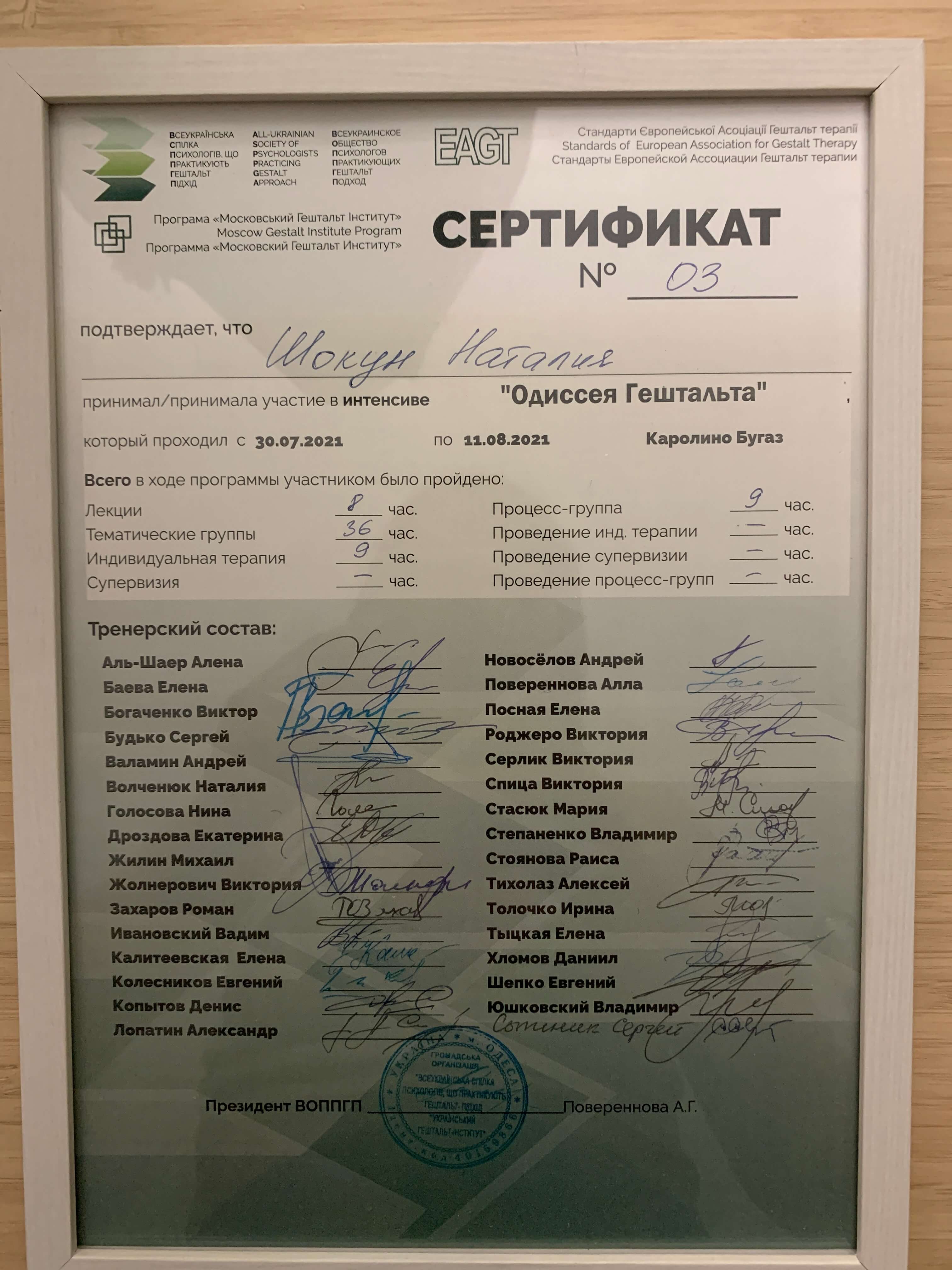 Сертифікат 1 Наталья  Шо...