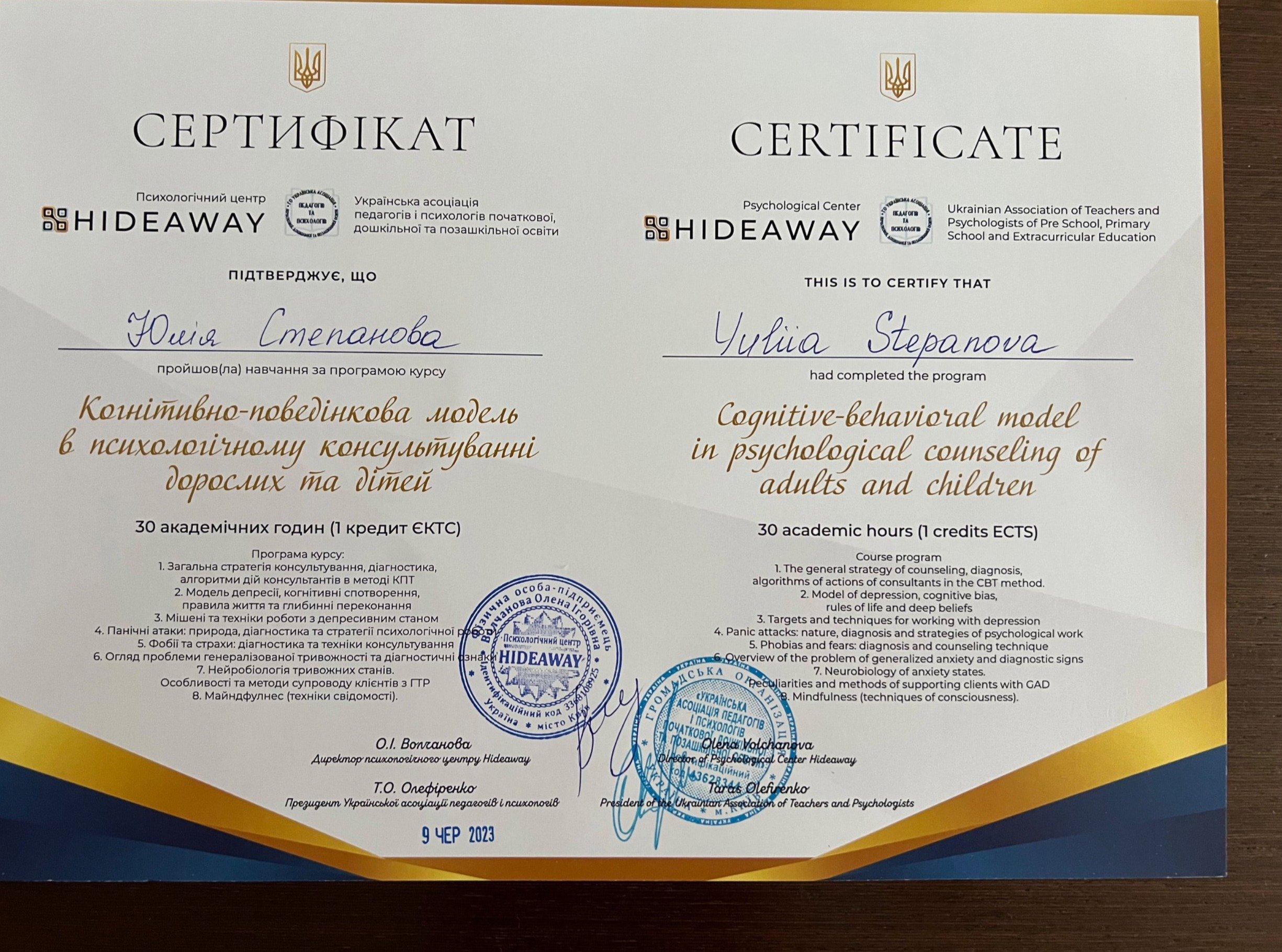 Психологічний центр Hideaway, Українська асоціація педагогів і психологів початкової, дошкільної та позашкільної освіти, Когнітивно-поведінкова модель в психологічному консультуванні дорослих та дітей