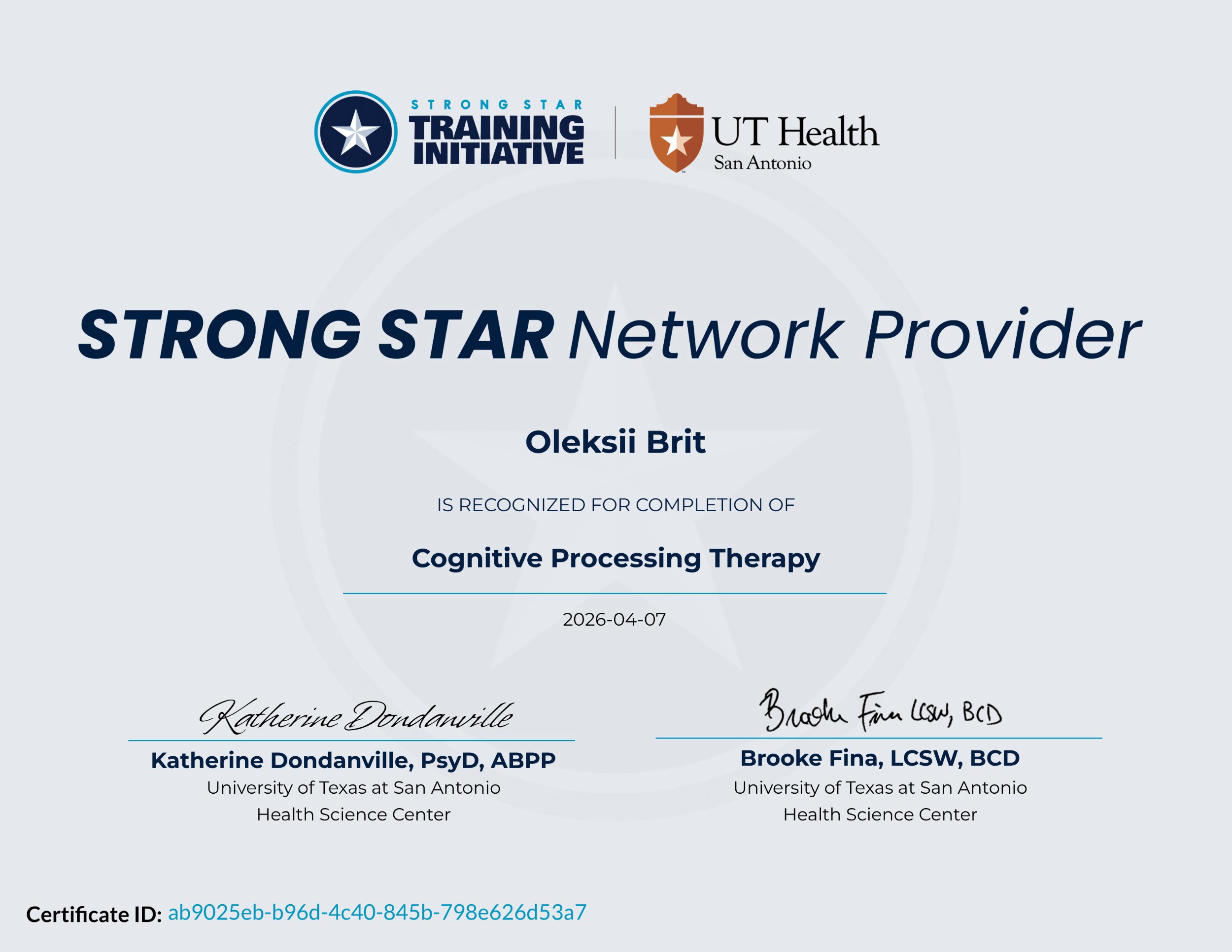 University of Texas at San Antonio Health Science Center, Cognitive Processing Therapy
