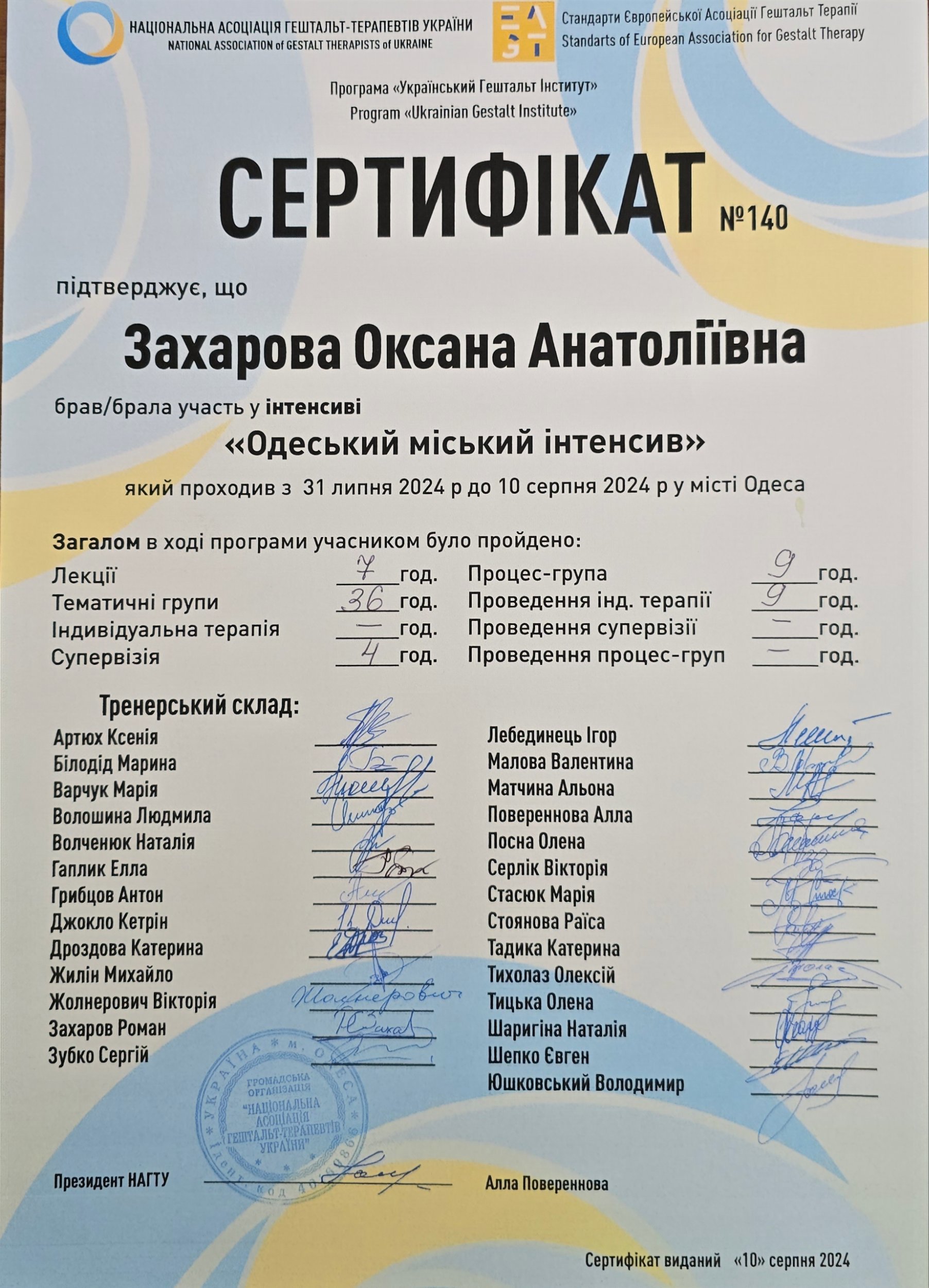 Національна асоціація гештальт-терапевтів України, Одеський міський інтенсив