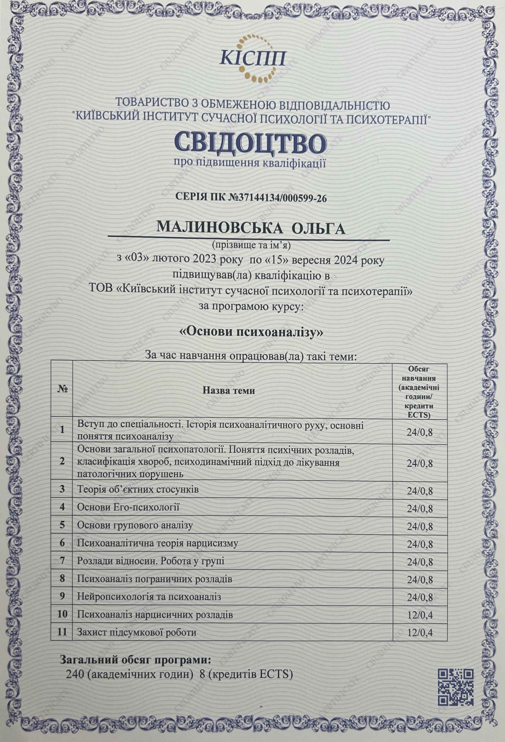 ТОВ "Київський інститут сучасної психології та психотерапії", Основи психоаналізу