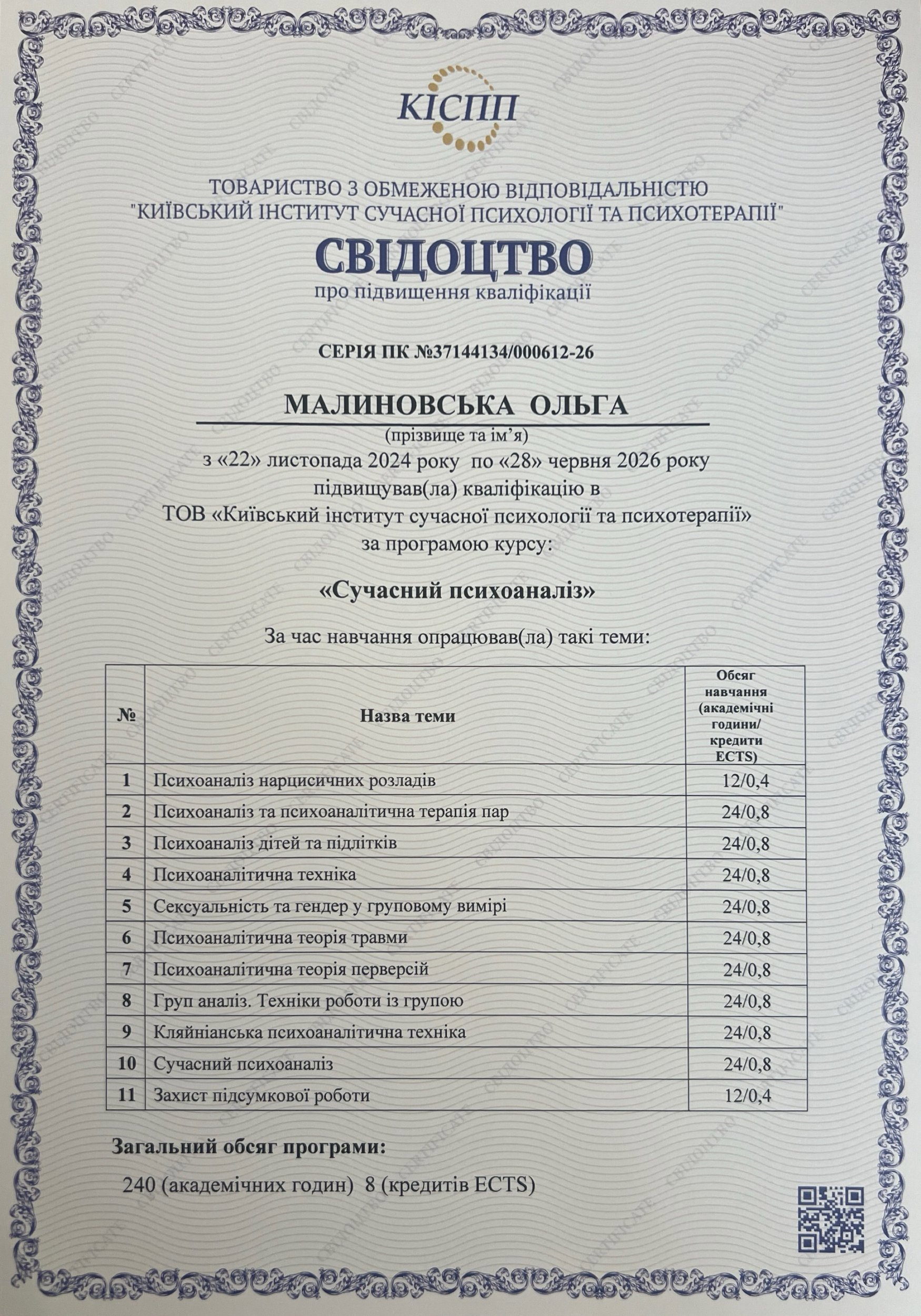 ТОВ "Київський інститут сучасної психології та психотерапії", Сучасний психоаналіз