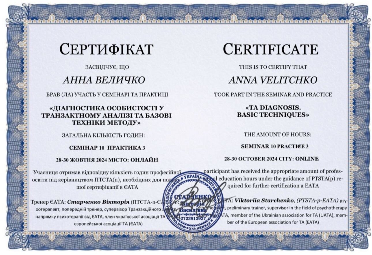 Європейська асоціація транзактного аналізу (EATA) / Українська асоціація ТА (UATA), Діагностика особистості у транзактному аналізі та базові техніки методу