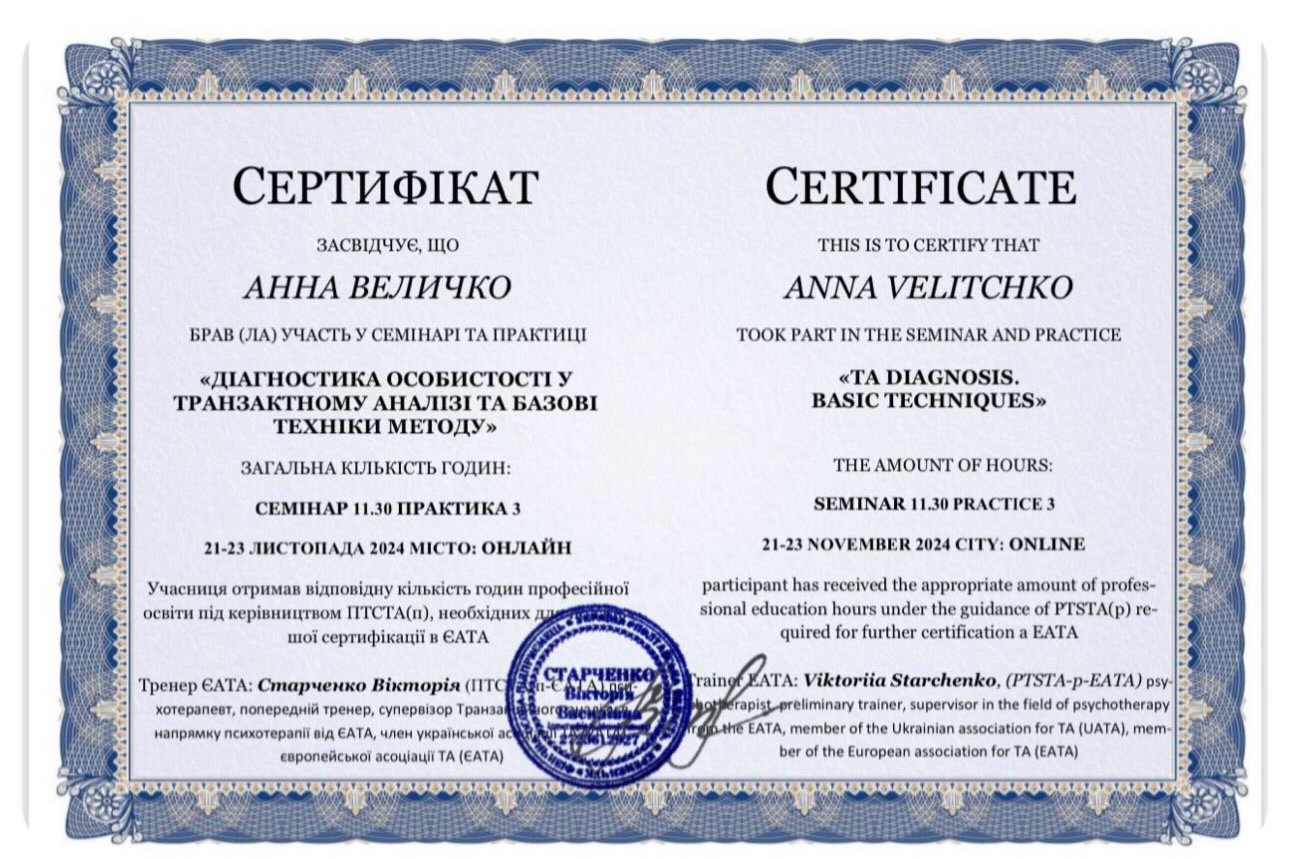 Європейська асоціація ТА (ЄАТА) / Ukrainian association for TA (UATA), ДІАГНОСТИКА ОСОБИСТОСТІ У ТРАНЗАКТНОМУ АНАЛІЗІ ТА БАЗОВІ ТЕХНІКИ МЕТОДУ