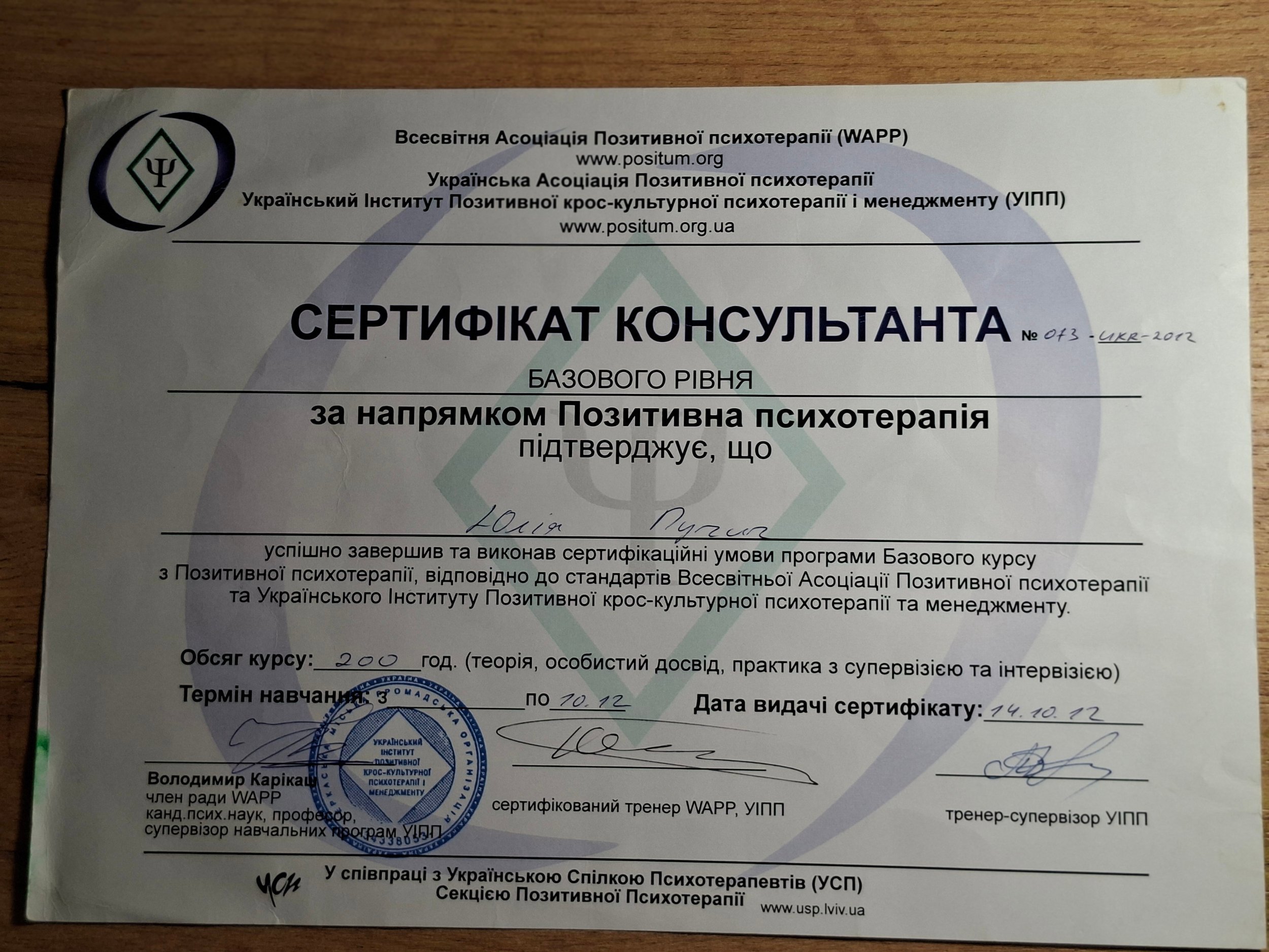Український Інститут Позитивної крос-культурної психотерапії і менеджменту (УІПП), Базовий курс з Позитивної психотерапії