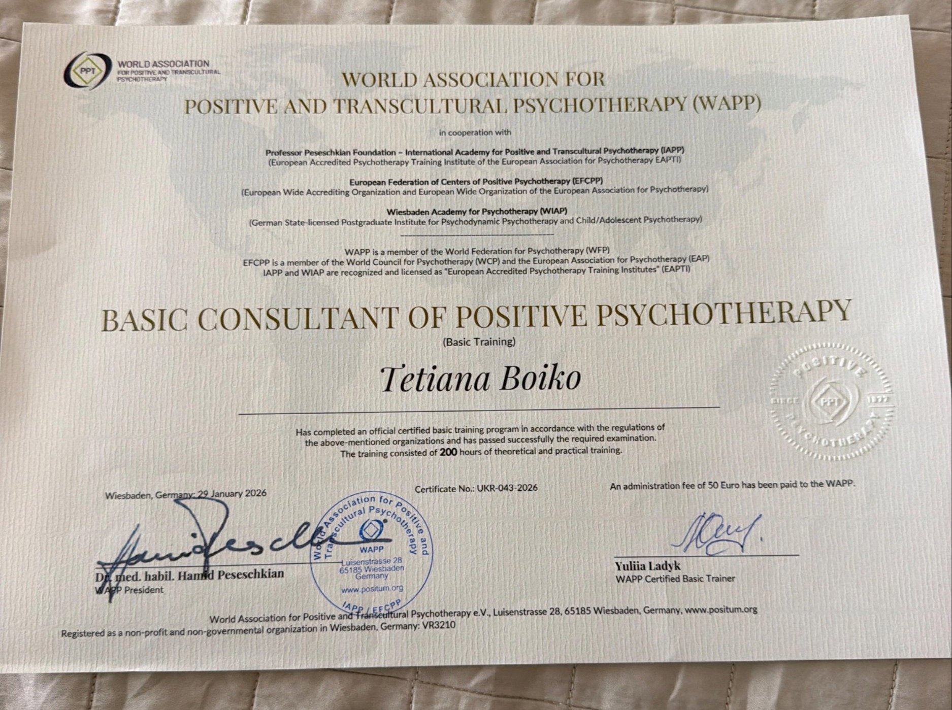 World Association for Positive and Transcultural Psychotherapy (WAPP), Basic Consultant of Positive Psychotherapy (Basic Training)