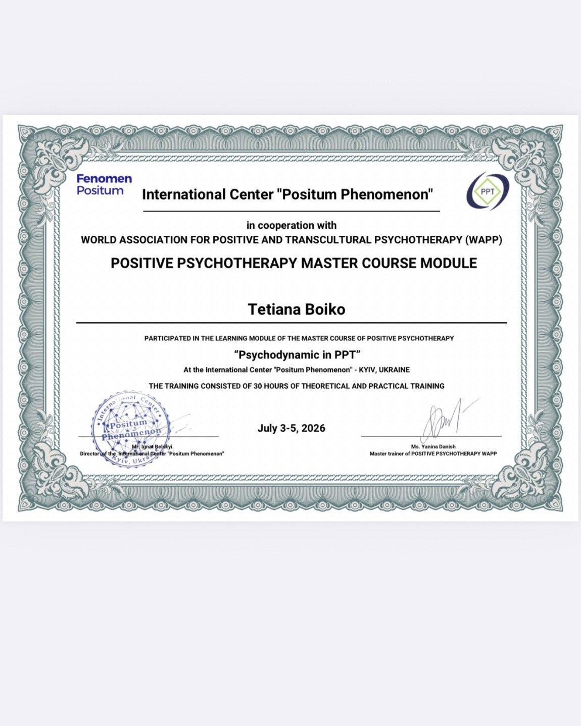 International Center "Positum Phenomenon" in cooperation with WORLD ASSOCIATION FOR POSITIVE AND TRANSCULTURAL PSYCHOTHERAPY (WAPP), Psychodynamic in PPT