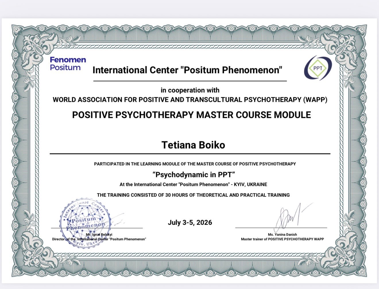 International Center "Positum Phenomenon", POSITIVE PSYCHOTHERAPY MASTER COURSE MODULE "Psychodynamic in PPT"