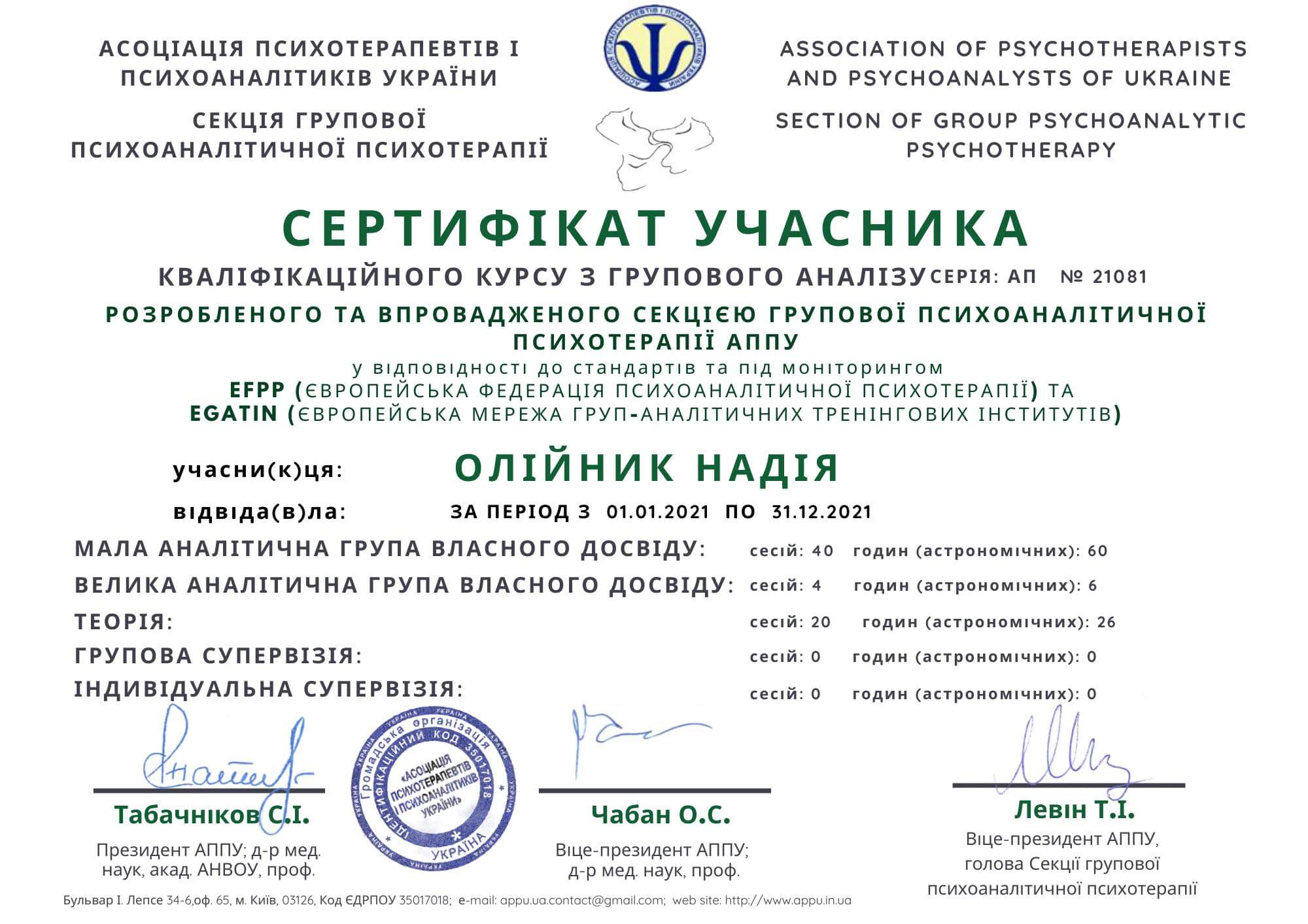 Сертифікат 1 Надія Ол...