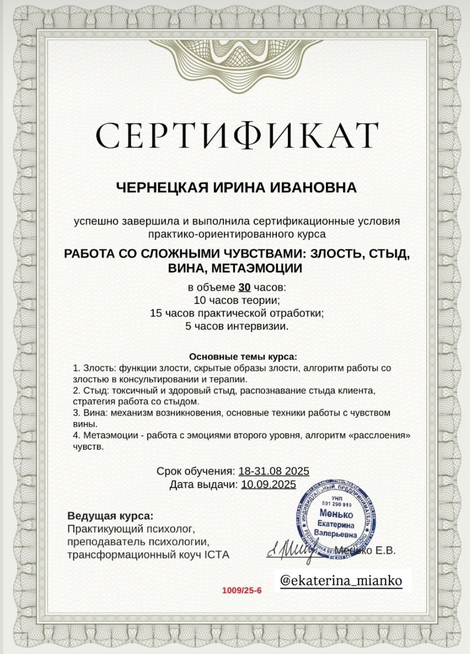 Менько Екатерина Валерьевна, РАБОТА СО СЛОЖНЫМИ ЧУВСТВАМИ: ЗЛОСТЬ, СТЫД, ВИНА, МЕТАЭМОЦИИ