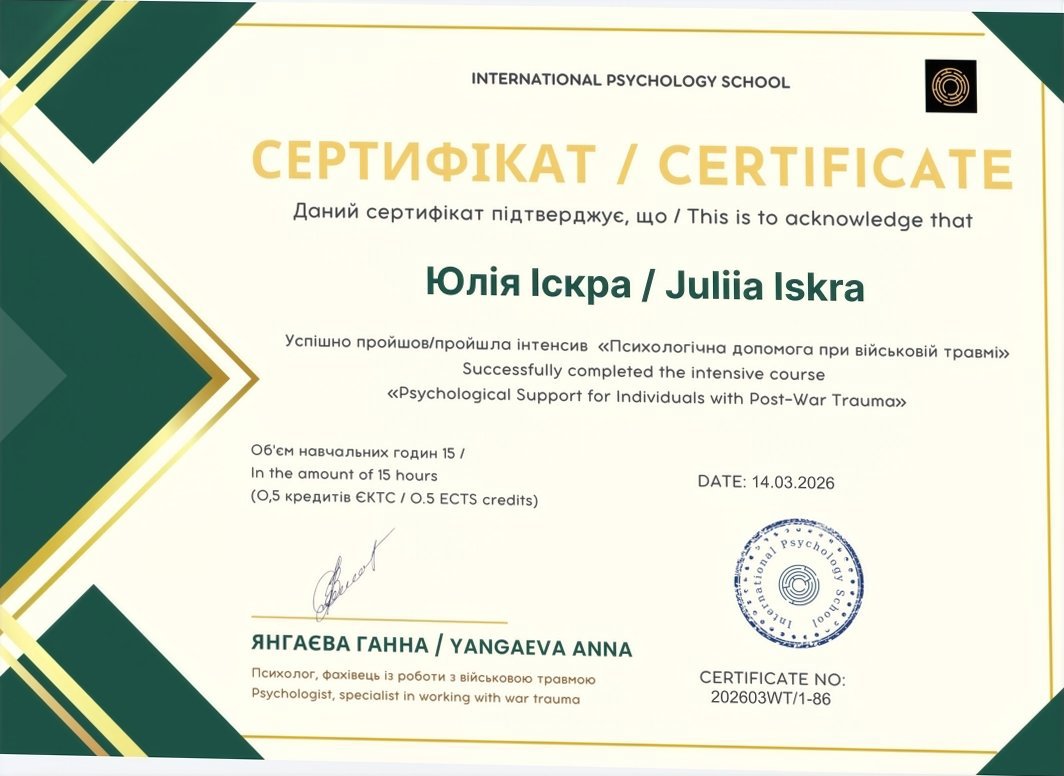 INTERNATIONAL PSYCHOLOGY SCHOOL, Психологічна допомога при військовій травмі / Psychological Support for Individuals with Post-War Trauma