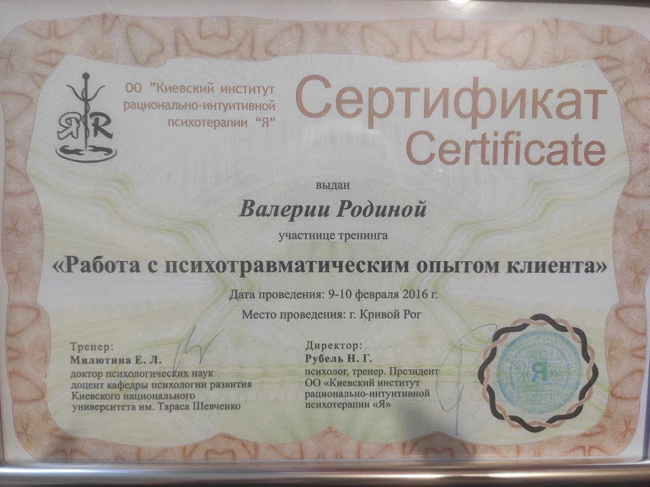 ОО "Киевский институт рационально-интуитивной психотерапии "Я", Работа с психотравматическим опытом клиента