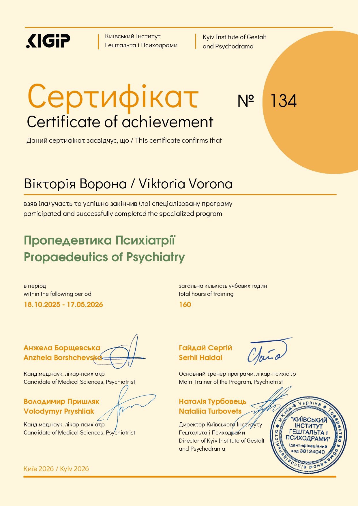 Київський Інститут Гештальта і Психодрами / Kyiv Institute of Gestalt and Psychodrama, Пропедевтика Психіатрії / Propaedeutics of Psychiatry