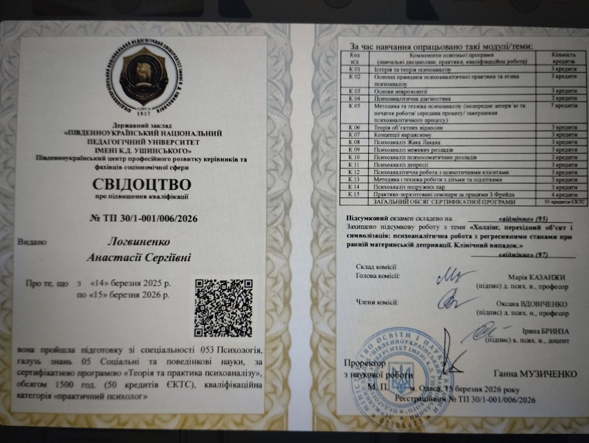 Південноукраїнський національний педагогічний університет імені К.Д. Ушинського, Теорія та практика психоаналізу