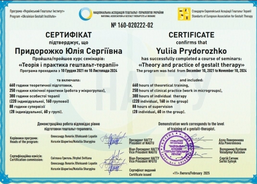 Український Гештальт Інститут / НАЦІОНАЛЬНА АСОЦІАЦІЯ ГЕШТАЛЬТ-ТЕРАПЕВТІВ УКРАЇНИ, Теорія і практика гештальт-терапії