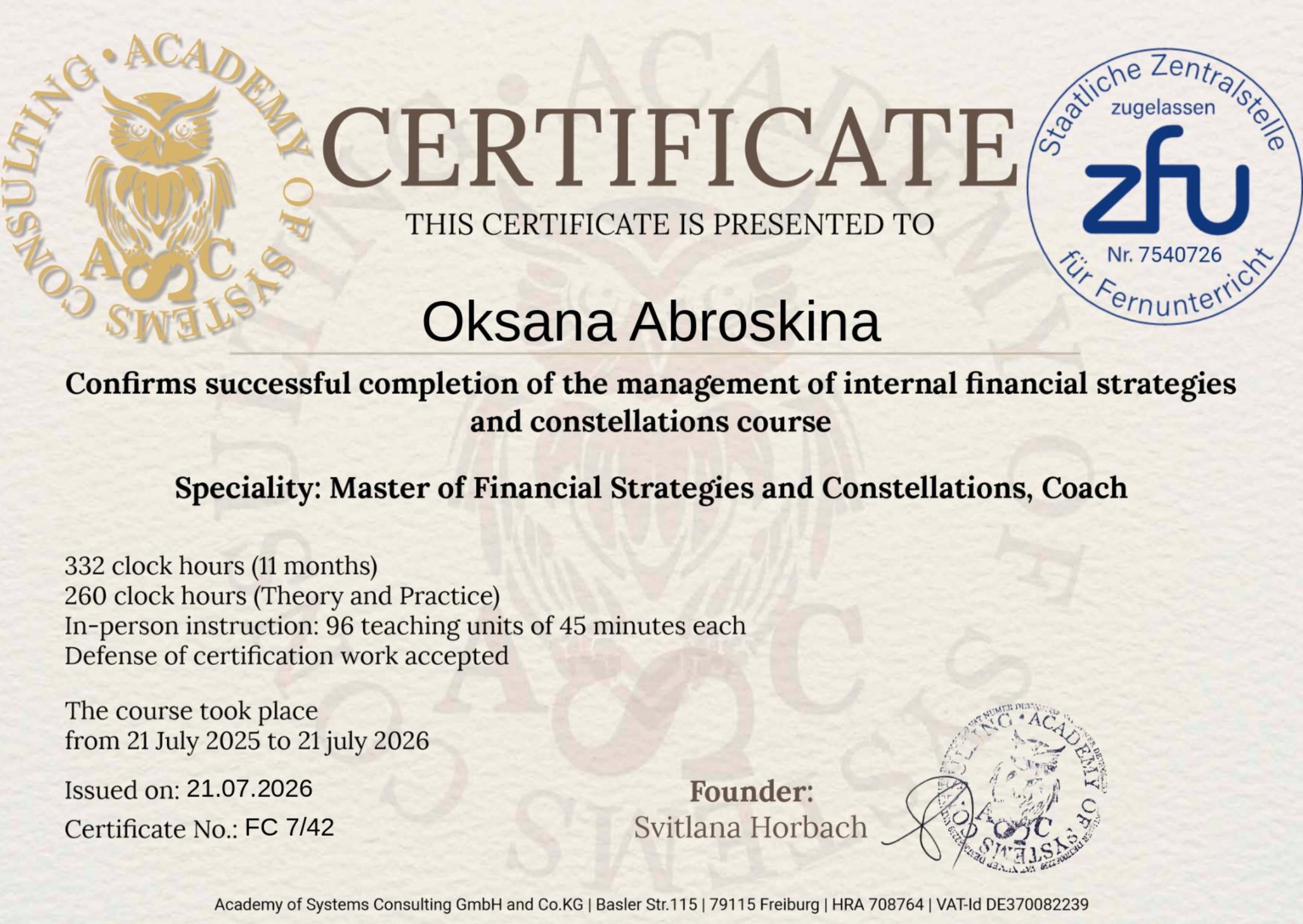 Academy of Systems Consulting GmbH and Co.KG, management of internal financial strategies and constellations course