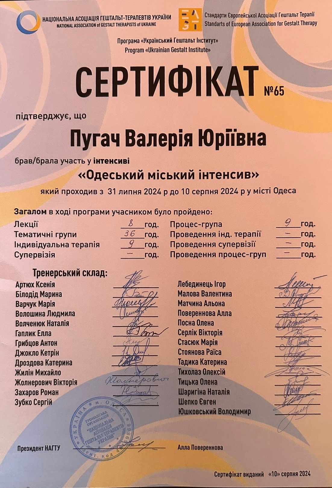 НАЦІОНАЛЬНА АСОЦІАЦІЯ ГЕШТАЛЬТ-ТЕРАПЕВТІВ УКРАЇНИ, Одеський міський інтенсив