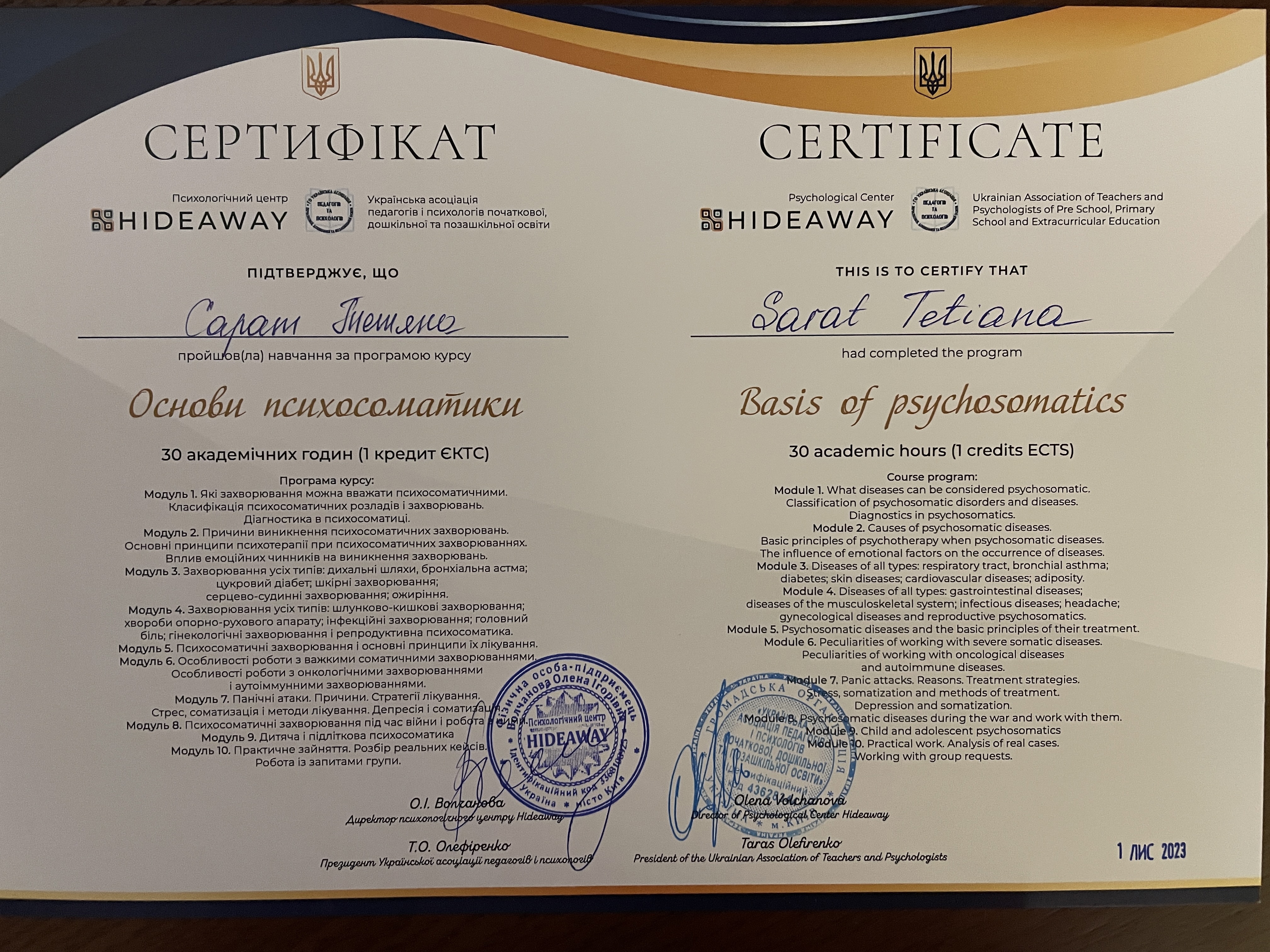 Сертифікат 3 Тетяна  Са...